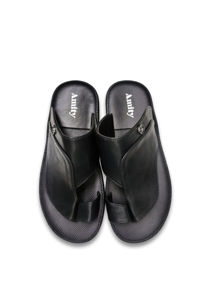 Chaolizi Men's Toe Loop Faux Leather Slide Sandals with Metal Badge