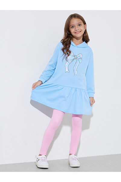 Styli Girls Blue Bow print Hoodie Dress and Pink Solid Leggings Set