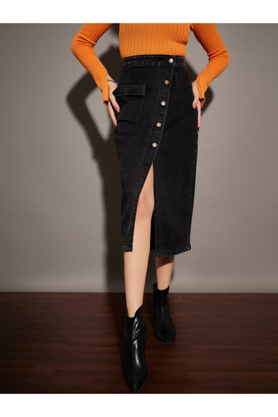Sassafras By Styli Washed Black A-Line Midi Skirt with Front Buttons