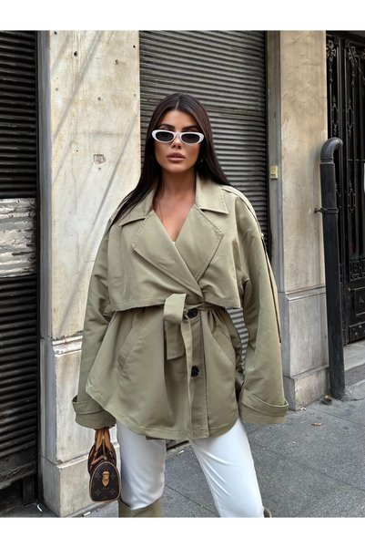 MODAMERSİ Women's Khaki Double Button Oversized Short Trench Coat with Tie Detail