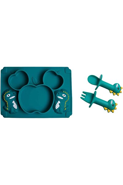 Arabest Silicone Baby Suction Plate and Stainless Steel Feeding Set,Dark Green