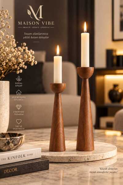 2'li Kahverengi Ahşap Şamdan Seti 20-25 cm Dekoratif Mumluk Modern Ev Dekorasyonu