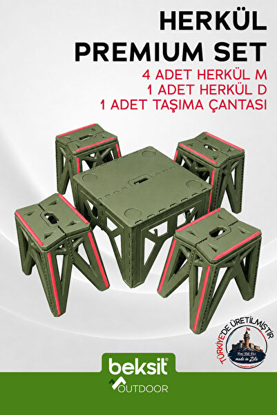 BEKSİT OUTDOOR Herkül Premium Katlanır Kamp Masa Takımı Seti (Çantalı-Haki Ye...