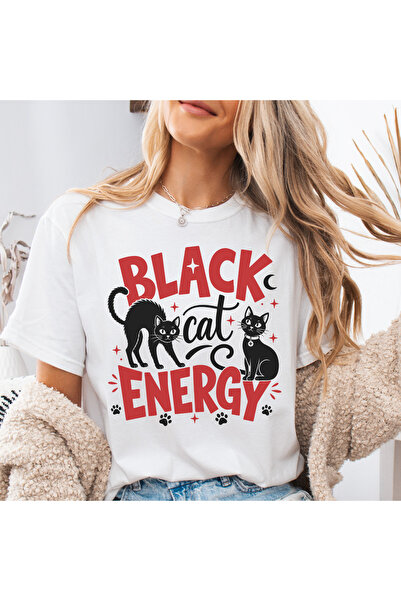 Black Cat Energy Oversize Kadın Tişört Sarkastik Halloween Tişört