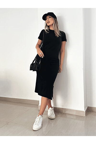 Take Two By Styli Black Solid T-Shirt Midi Dress