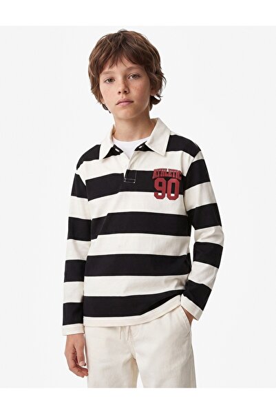 Koton Cotton Long Sleeve Striped Polo Collar T-Shirt with Print Detail