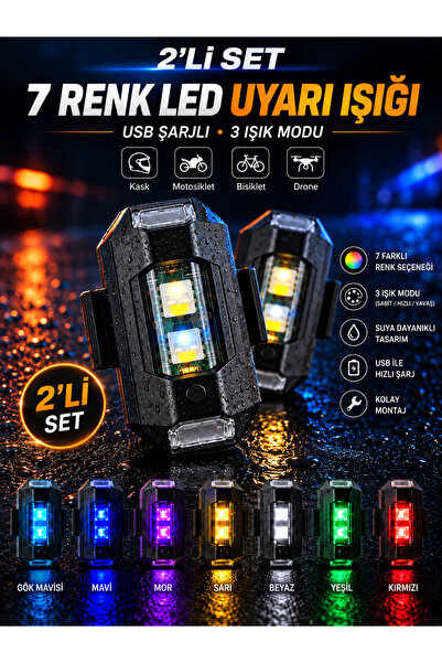 Noury 2’li Set 7 Renk LED Uyarı Işığı USB Şarjlı 3 Modlu Motosiklet Bisiklet ...