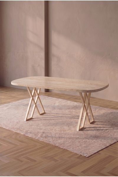 asaella mobilya Hooli 90x168 Traverten MDF Yemek Masası, Metal X Ayaklı, Sabi...