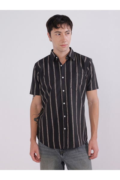 TAHVO By Styli Black Striped Short Sleeve Spread Collar Shirt