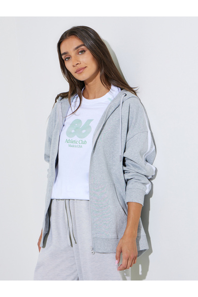 Styli Grey Side Striped Zip-Up Oversized Hoodie