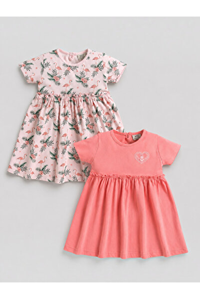 Victor and Jane By Styli Baby Girls Flamingo Print and Solid Cotton Dress - P...