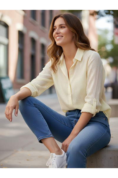TAHVO By Styli Yellow Striped Long Sleeve Shirt