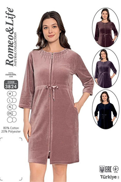 ROMEO LİFE Women's Cotton Velvet Zipper Winter Dress / Dusty Rose 3824