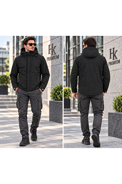 HK Premium Tekstil HK PREMIUM Erkek Kışlık Mont Siyah Kapüşonlu Su İtici Rüzg...