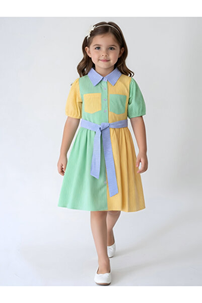 Bella Moda By Styli Cotton Woven Color Block Striped Shirt Dress with Waist T...