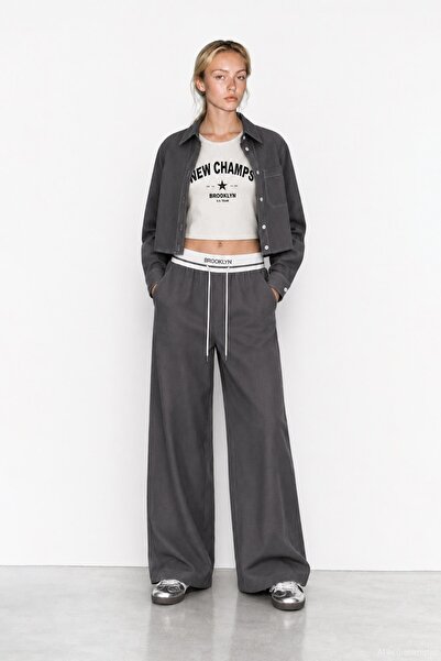 Quzu Ribana Detailed Women's Canvas Trousers Pnt02508 Anthracite