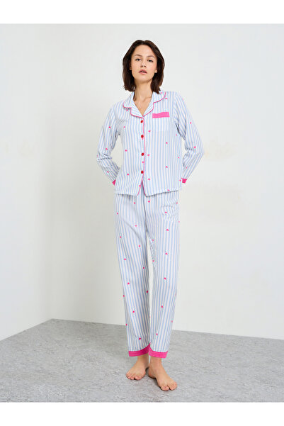 Take Two By Styli Striped and Heart Print Collared Pajama Set