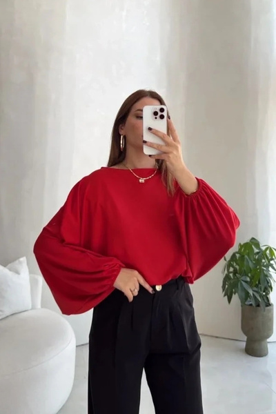 Eka بلوزة نسائية حمراء بأكمام كبيرة الحجم 1627