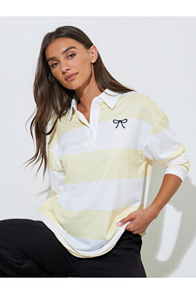 Styli Multi-Color Striped Bow Embroidered Long Sleeves Polo T-Shirt