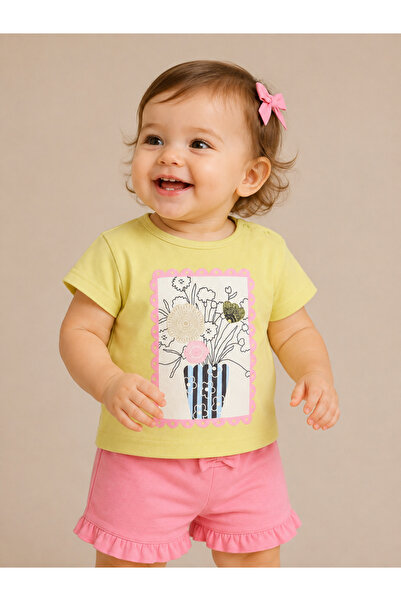 Victor and Jane By Styli Floral Graphic T-Shirt and Ruffled Pink Shorts Set