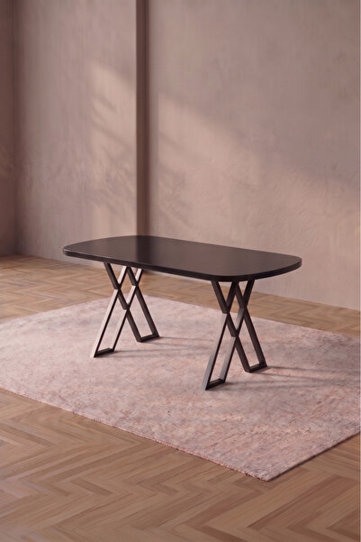 asaella mobilya Hooli 90x168 Traverten MDF Yemek Masası, Metal X Ayaklı, Sabi...