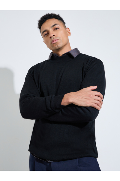 Styli Black Solid High Neck Regular Fit Knit Sweater
