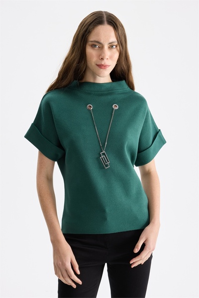 ON Women's Accessory Detailed Short Sleeve Knitwear Sweater 15340 Nefti