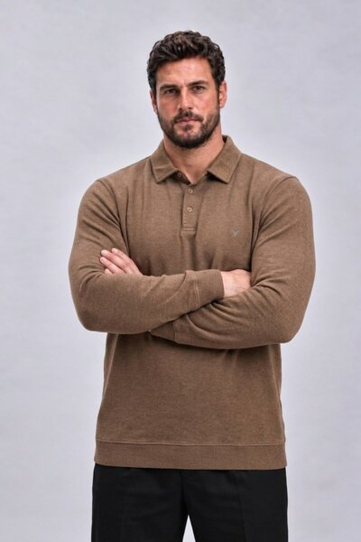 Maccali Tricou pentru bărbați, mărime mare, cu mânecă lungă, maro, cu guler polo