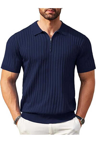 GENERAL Knitted Polo Collar T-Shirt Short Sleeve Zipper Casual Style Men's Go...