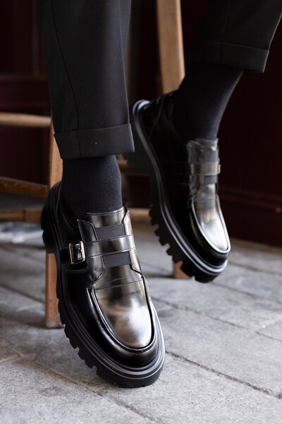 TETRİ Berry Model Genuine Leather Handmade Black Open Leather Casual Shoes