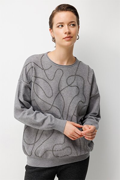 ON Women's Patterned Beaded Detailed Knitwear Sweater 10312 Gray