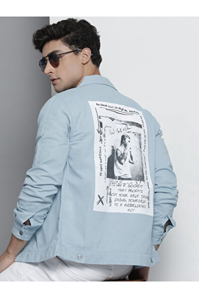 The Indian Garage Co By Styli Blue Printed Denim Jacket with Zip Closure