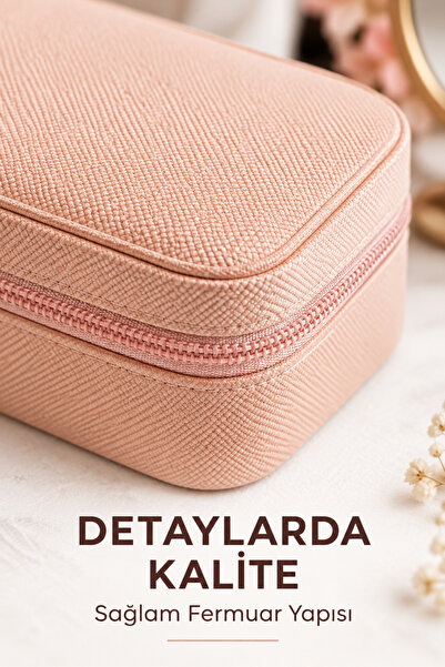 Arfseb Pembe Fermuarlı Bölmeli Takı Kutusu Yüzük, Küpe ve Kolye Seyahat Organizeri 10x10x5 cm