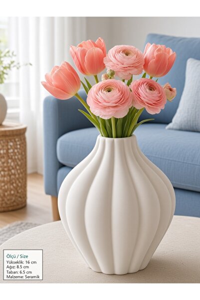 TAMER YİĞİT Modern Beyaz Seramik Fluted Vazo 16 cm - Boho Salon Dekorasyonu