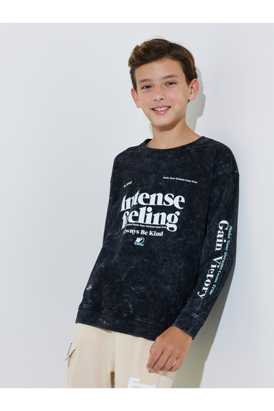 Styli Teen Boys Black Acid Wash Graphic Print Oversized Sweatshirt