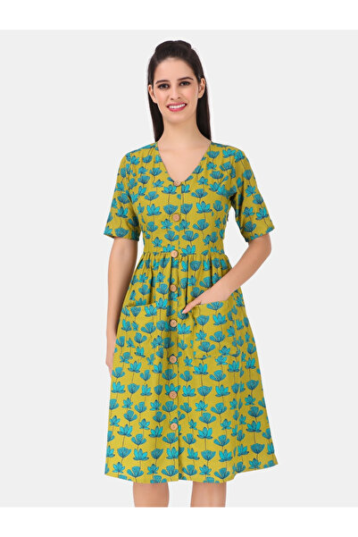 HOUSE OF RAELI By Styli فستان أخضر بخط A مزين بالزهور بطول الركبة مع جيوب