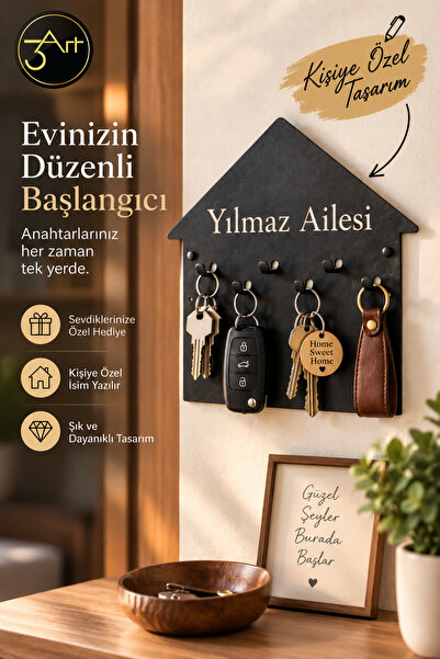 OEM Kişiye Özel Aile İsimli Metal Anahtarlık Askısı – Ev Figürlü Duvar Tipi A...