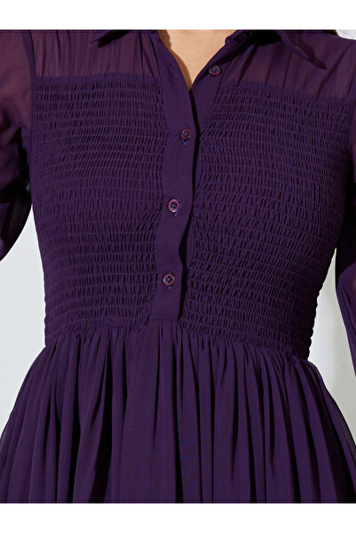 Styli Purple Solid Ruched Detail Shirt Maxi Dress with Long Sleeves