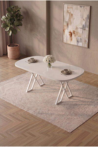asaella mobilya Hooli 90x168 Traverten MDF Yemek Masası, Metal X Ayaklı, Sabi...