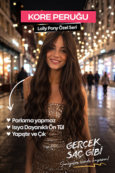 LOLLY PONY Dalgalı Koyu Çikolata Kahve Kore Fiber Sentetik Ön Tül Peruk