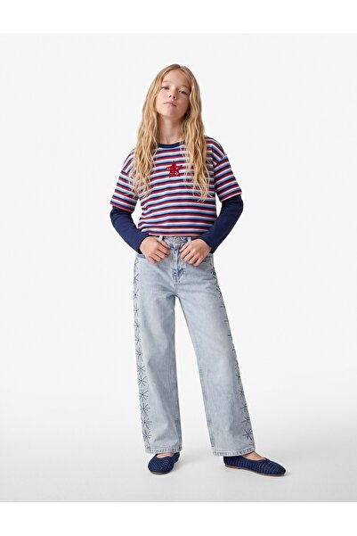 Koton Star Detailed Sequined Long Sleeve Crew Neck Cotton Striped T-Shirt