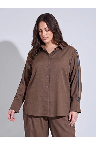 Styli Plus Size Brown Long Sleeves Relaxed Fit Shirt with Side Stripe