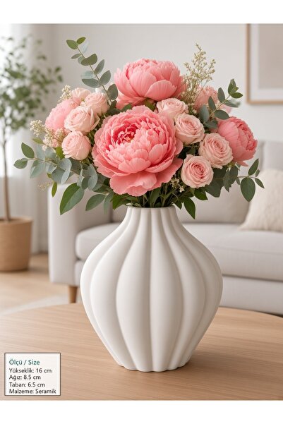 TAMER YİĞİT Doruk Seramik Beyaz Mat Yivli Vazo 16 cm - Dekoratif Seramik Çiçe...