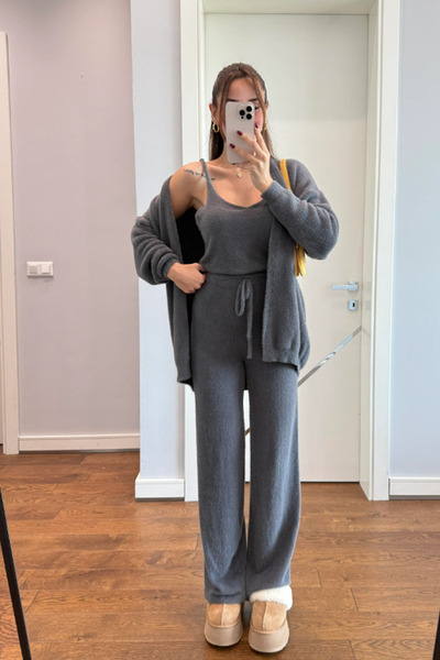 My Blog Anthracite Plush Hanger 3-Piece Cardigan Set - 2Y1010