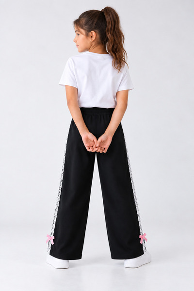 Joi Kids Girl's Wide Leg Sweatpants with Lace Stripes on the Sides and Pink Bow Detail