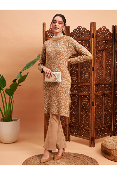 Sassafras By Styli Beige and Off-White Tie-Dye Knit Kurta with Long Sleeves