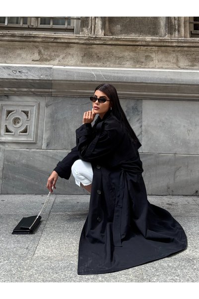 MODAMERSİ Women's Black Oversized Long Trench Coat with Tie Detail