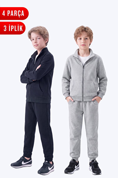 FYK KİDS Boy's 3 Thread Plain Basic Zippered Stand Collar Double Pocket 2-Pie...