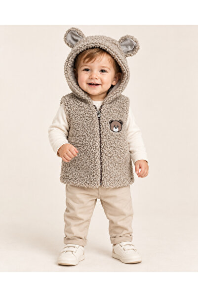 Deniva Kids Bebek Bej Ayıcık Detaylı Kapüşonlu Kuzu Pelüş Yelek