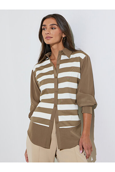 Styli Brown Striped Long Sleeves Oversized Shirt
